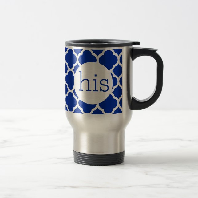 Sapphire Blue Quatrefoil Monogram Travel Mug (Right)