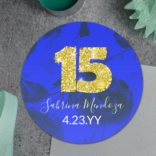 Sapphire Blue Quinceanera Gold #15 Round Sticker