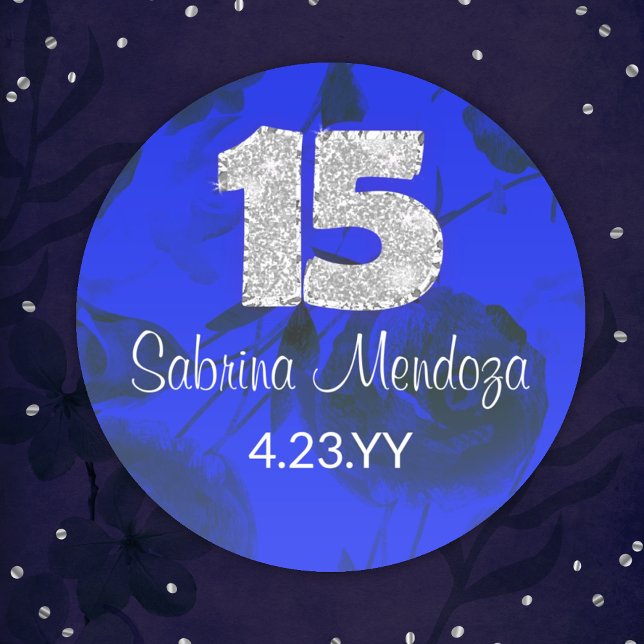 Sapphire Blue Quinceanera Silver #15 Round Sticker (royal blue quinceanera sticker with silver, diamond number 15, mis quince anos, personalized label)