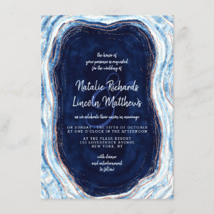 Sapphire Blue Rose Gold Geode Agate Marble Wedding Invitation