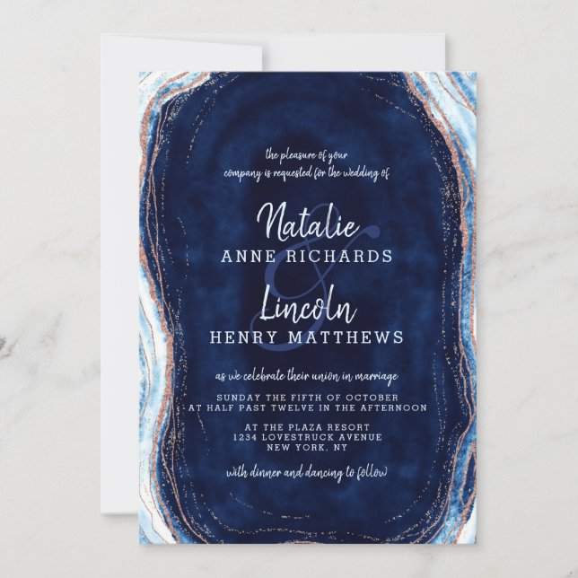 Sapphire Blue Rose Gold Geode Agate Slice Wedding Invitation (Front)