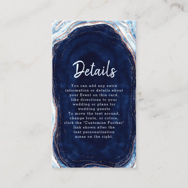 Sapphire Blue Rose Gold Geode Rock Wedding Details Enclosure Card (Front)