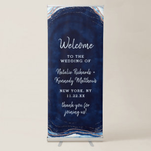 Sapphire Blue Rose Gold Geode Rock Wedding Welcome Retractable Banner