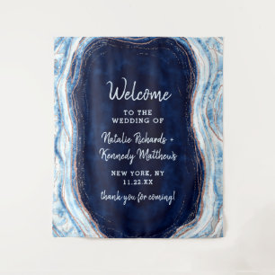 Sapphire Blue Rose Gold Geode Rock Wedding Welcome Tapestry