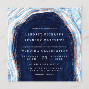 Sapphire Blue Rose Gold Geode Slice Wedding Square Invitation
