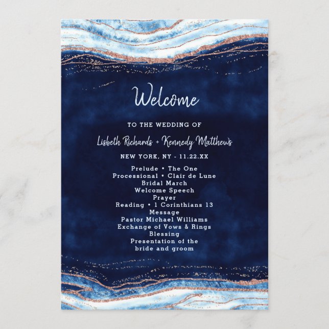 Sapphire Blue Rose Gold Geode Wedding Ceremony Programme (Front)