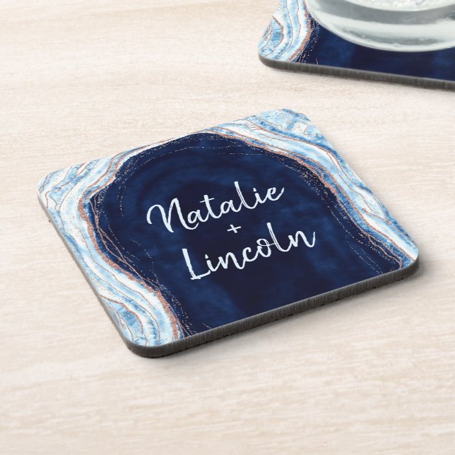 Sapphire Blue Rose Gold Geode Wedding Monogram Coaster (Left Side)