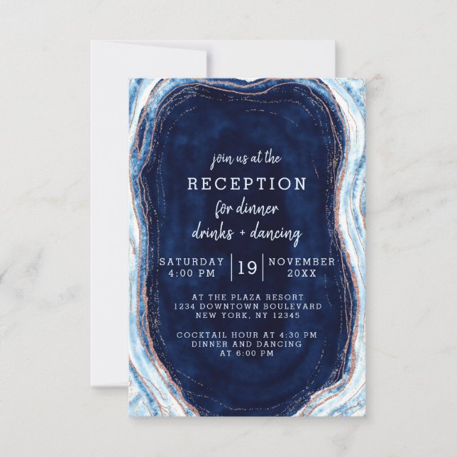 Sapphire Blue Rose Gold Geode Wedding Reception Invitation (Front)
