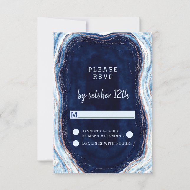Sapphire Blue Rose Gold Geode Wedding RSVP Reply (Front)