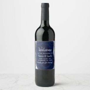 Sapphire Blue Rose Gold Geode Wedding Welcome Wine Label