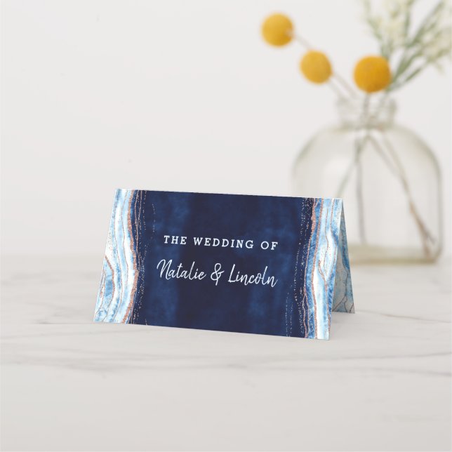 Sapphire Blue Rose Gold Reserved Seating Wedding Place Card (Back)