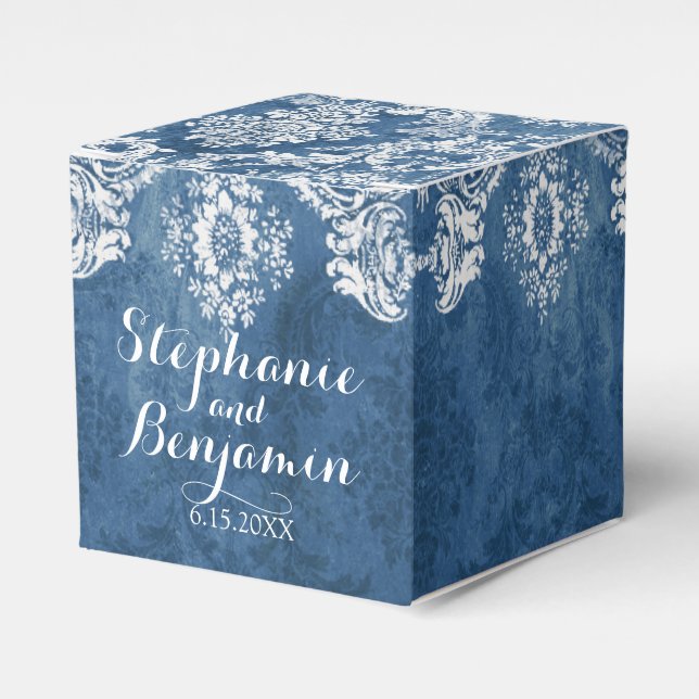 Sapphire Blue Rustic Damask Pattern Wedding Favour Box (Front Side)