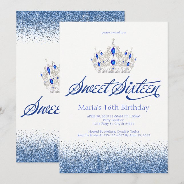 Sapphire Blue Sweet Sixteen Invitations (Front/Back)