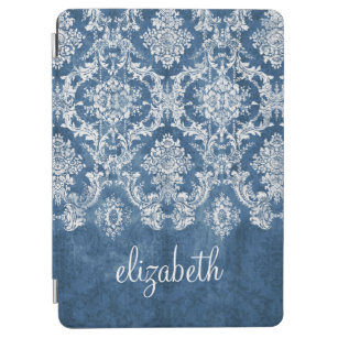 Sapphire Blue Vintage Damask Pattern and Name iPad Air Cover