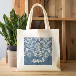 Sapphire Blue Vintage Damask Pattern and Name Large Tote Bag