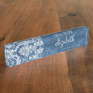 Sapphire Blue Vintage Damask Pattern and Name Nameplate