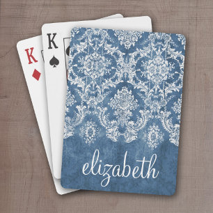 Sapphire Blue Vintage Damask Pattern and Name Playing Cards