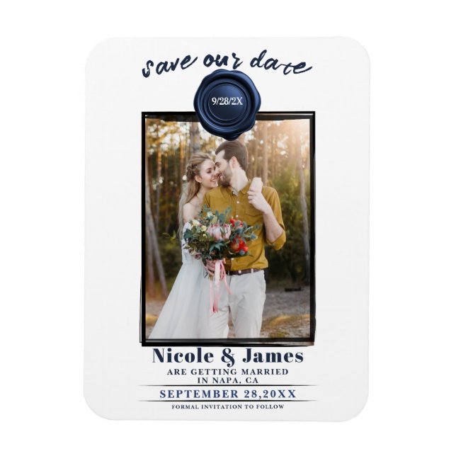 Sapphire Blue Wax Seal Photo Wedding Save the Date Magnet (Vertical)