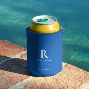 Sapphire Blue & White Monogram Names Wedding Can Cooler