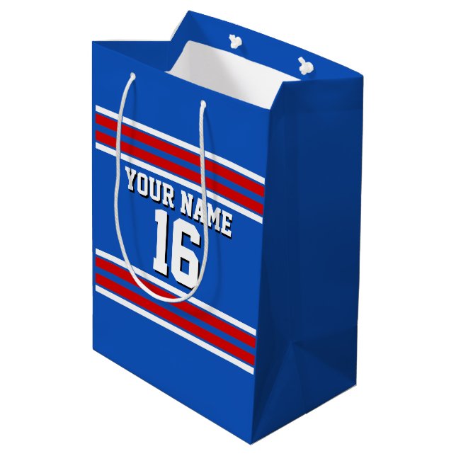 Sapphire Blue with Red White Stripes Team Jersey Medium Gift Bag (Back Angled)