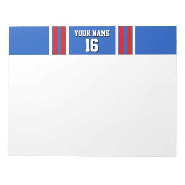 Sapphire Blue with Red White Stripes Team Jersey Notepad (Front)