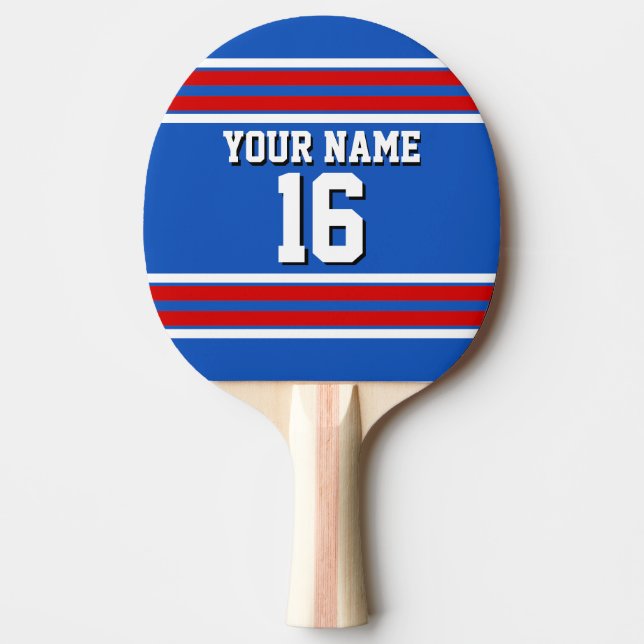 Sapphire Blue with Red White Stripes Team Jersey Ping Pong Paddle (Front)