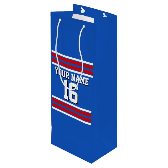 Sapphire Blue with Red White Stripes Team Jersey Wine Gift Bag (Back Angled)