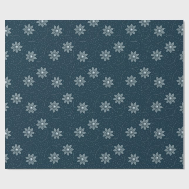 Sapphire Blue with Silvery Florals Wrapping Paper (Flat)