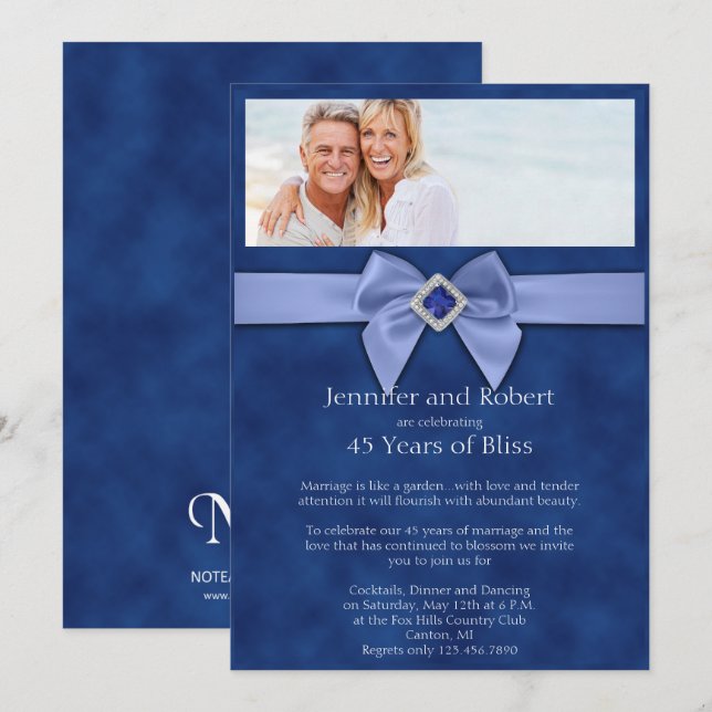 Sapphire Bow 45th Wedding Anniversary Invitation (Front/Back)