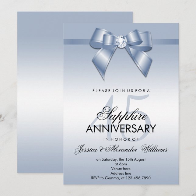 Sapphire Bow & Ribbon 45th Wedding Anniversary Invitation (Front/Back)