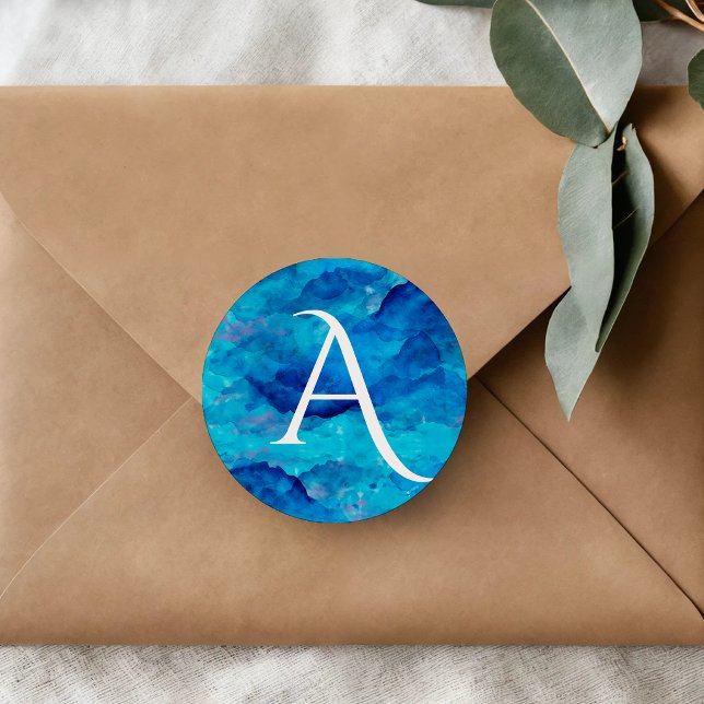Sapphire Cloud Bold Monogram Classic Round Sticker (Creator Uploaded)