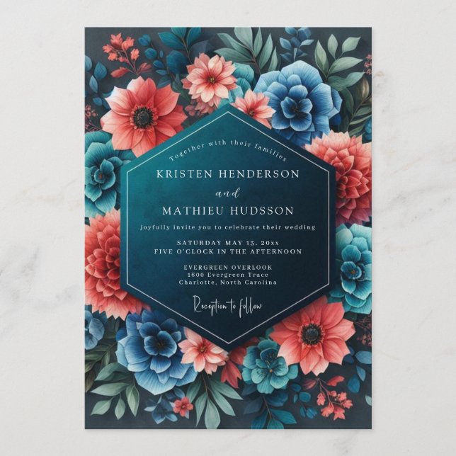 Sapphire Coral Bold Flora Wedding Invitation (Front)