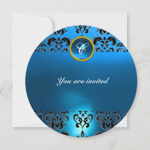 SAPPHIRE DAMASK GEM STONE MONOGRAM black blue Invitation