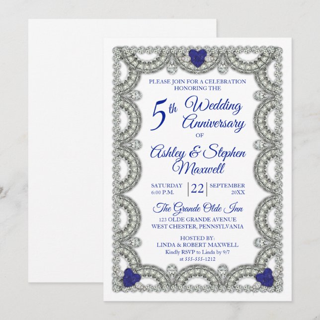 Sapphire Diamond 5th Wedding Anniversary Party Invitation (Front/Back)