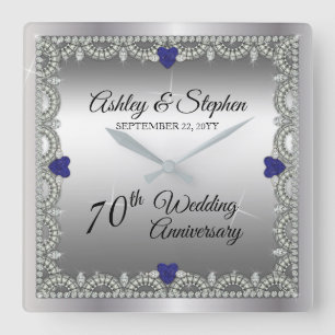 Sapphire   Diamonds 70th Wedding Anniversary Square Wall Clock