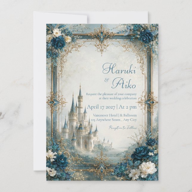 Sapphire Floral Castle Wedding Invitation (Front)