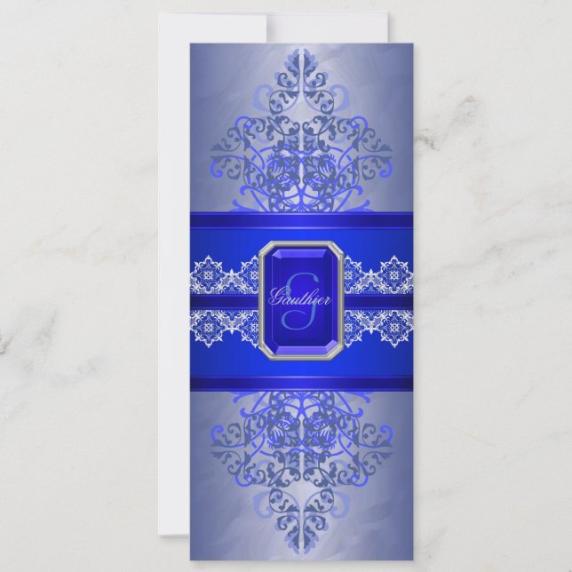 Sapphire Frost Monogram Ribbon Wedding Invitation (Front)