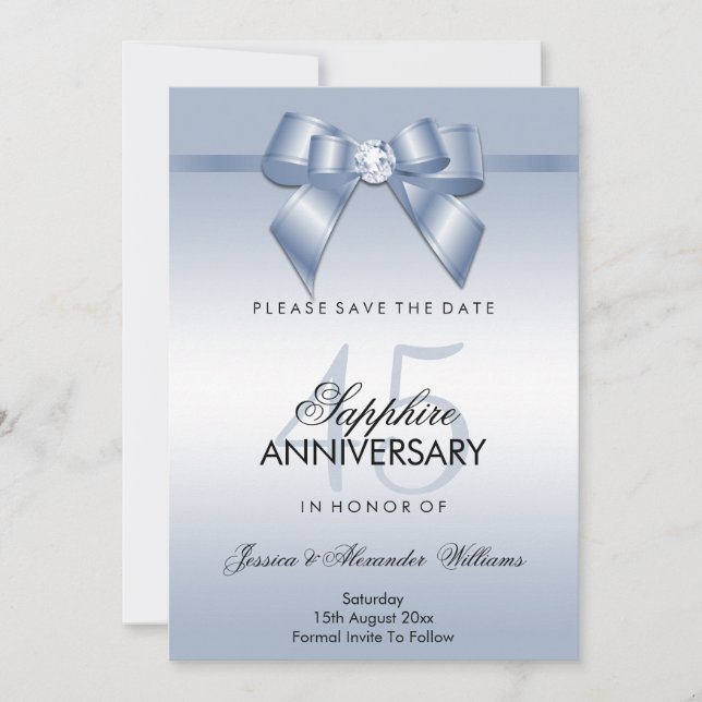 Sapphire Gem Bow & Ribbon 45th Wedding Anniversary Save The Date (Front)
