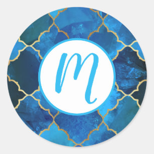Sapphire Gemstone & Gold Moroccan Tile Pattern Classic Round Sticker