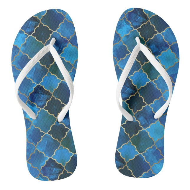 Sapphire Gemstone & Gold Moroccan Tile Pattern Flip Flops (Footbed)