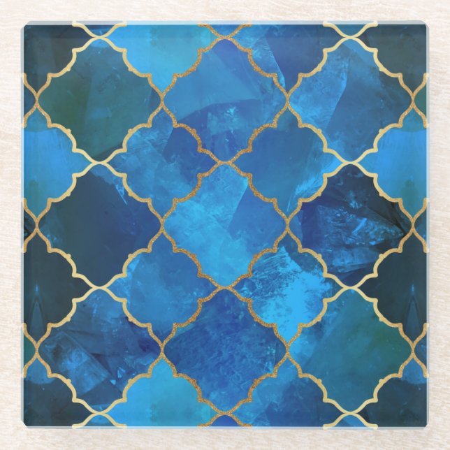 Sapphire Gemstone & Gold Moroccan Tile Pattern Glass Coaster (Front)