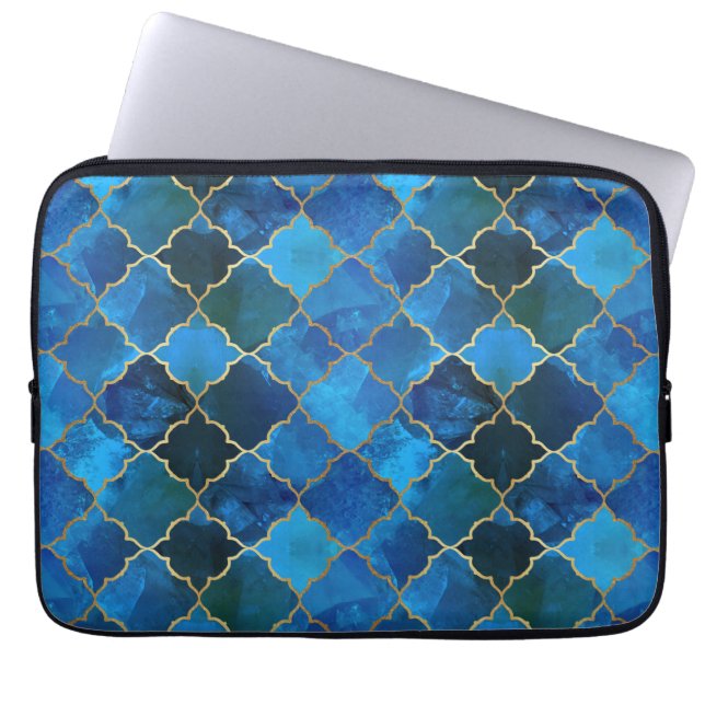 Sapphire Gemstone & Gold Moroccan Tile Pattern Laptop Sleeve (Front)