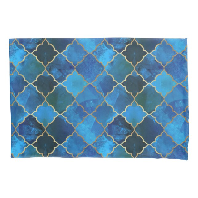 Sapphire Gemstone & Gold Moroccan Tile Pattern Pillowcase (Front)