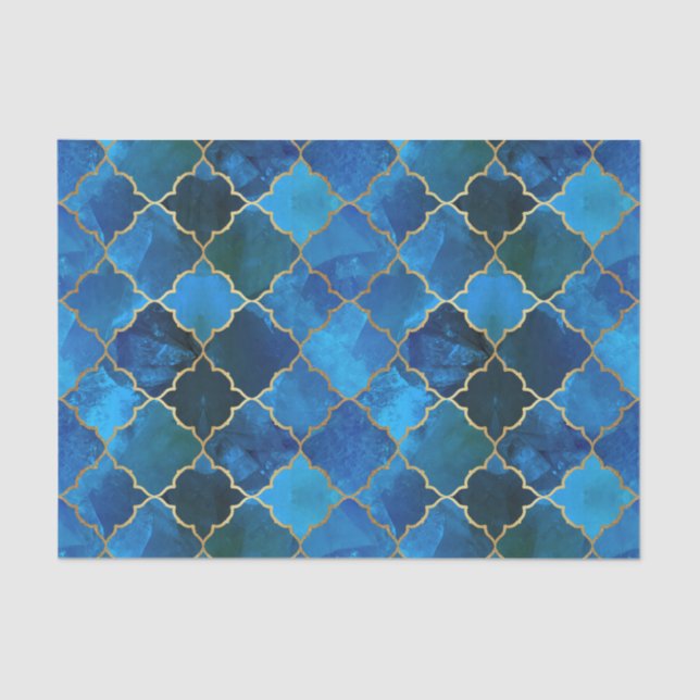 Sapphire Gemstone & Gold Moroccan Tile Pattern Tissue Paper (Front)