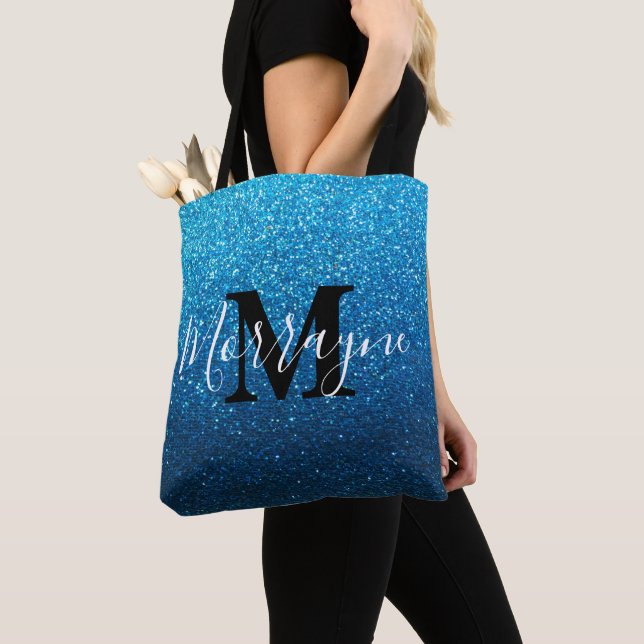 Sapphire Glitter Ombre Sparkle Metallic Monogram Tote Bag (Close Up)