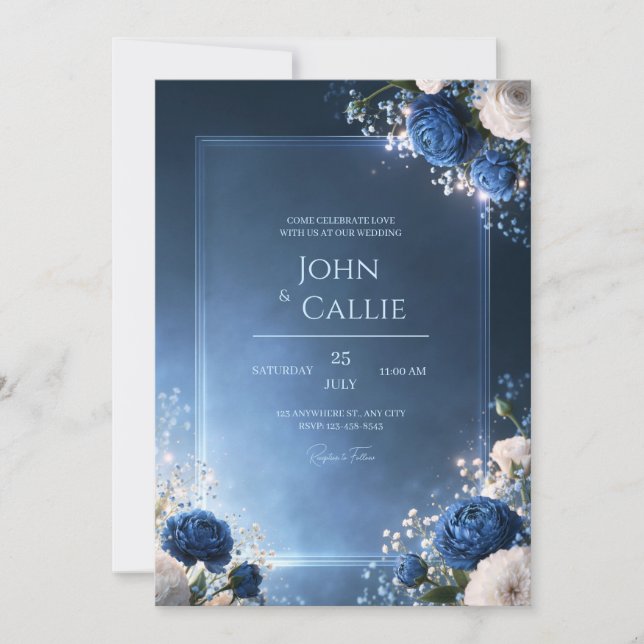 Sapphire Glow Floral Frame Wedding Invitation (Front)