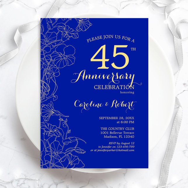 Sapphire Gold Floral 45th Anniversary Invitation (Creator Uploaded)