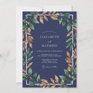 Sapphire Gold Foliage Eucalyptus Wedding Invitation