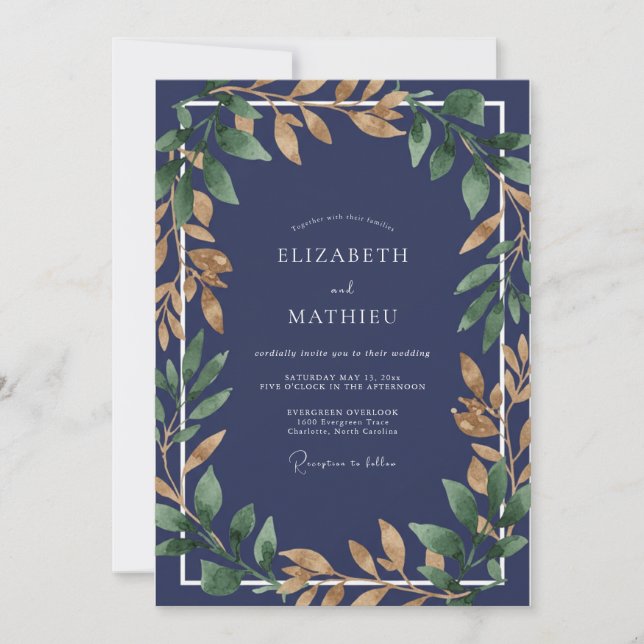 Sapphire Gold Foliage Eucalyptus Wedding Invitation (Front)