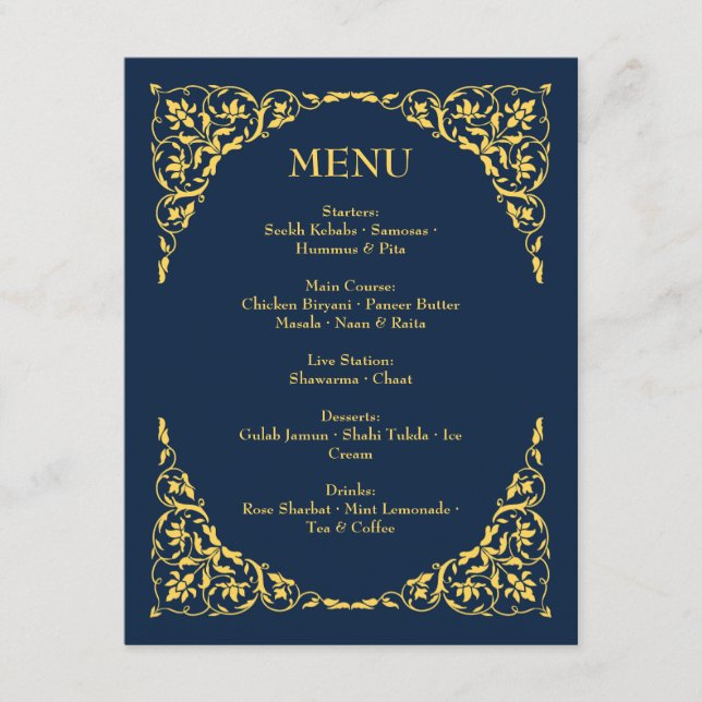 Sapphire Grace Royal Blue and Gold Wedding Menu (Front)
